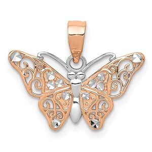 14k Rose Gold and White Rhodium Diamond Cut Butterfly Pendant, 18mm